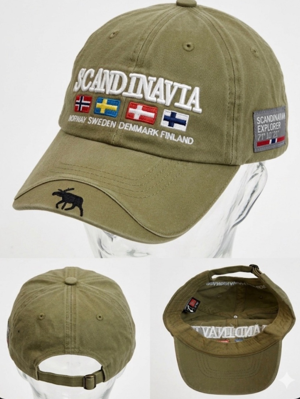 Scandinavian Explorer Norway Moose Embroidered Baseball Cap - Olive Green